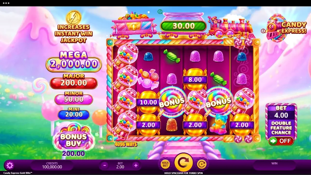 Candy Express Gold Blitz slot machine interface with candy theme
