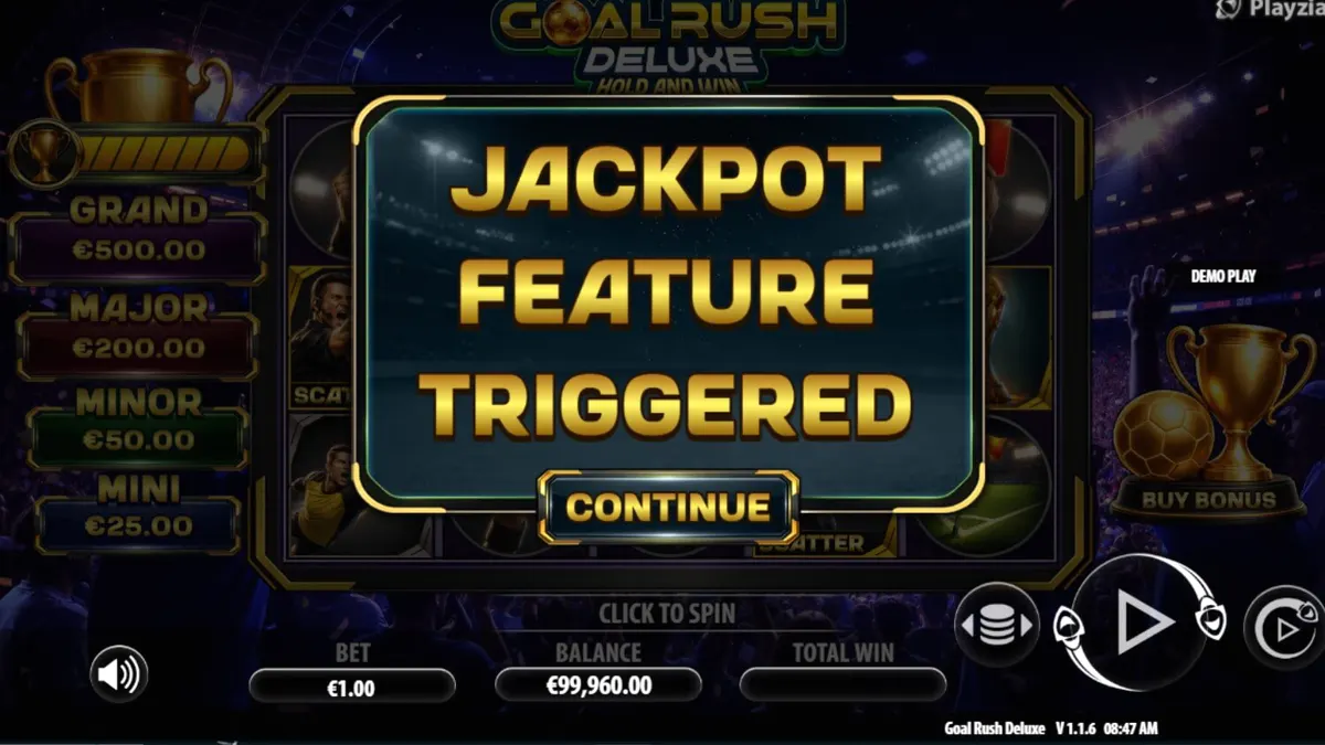 Goal Rush Deluxe Hold and Win স্লট গেমের মোবাইল ইন্টারফেস এবং ফুটবল স্টেডিয়াম থিম
